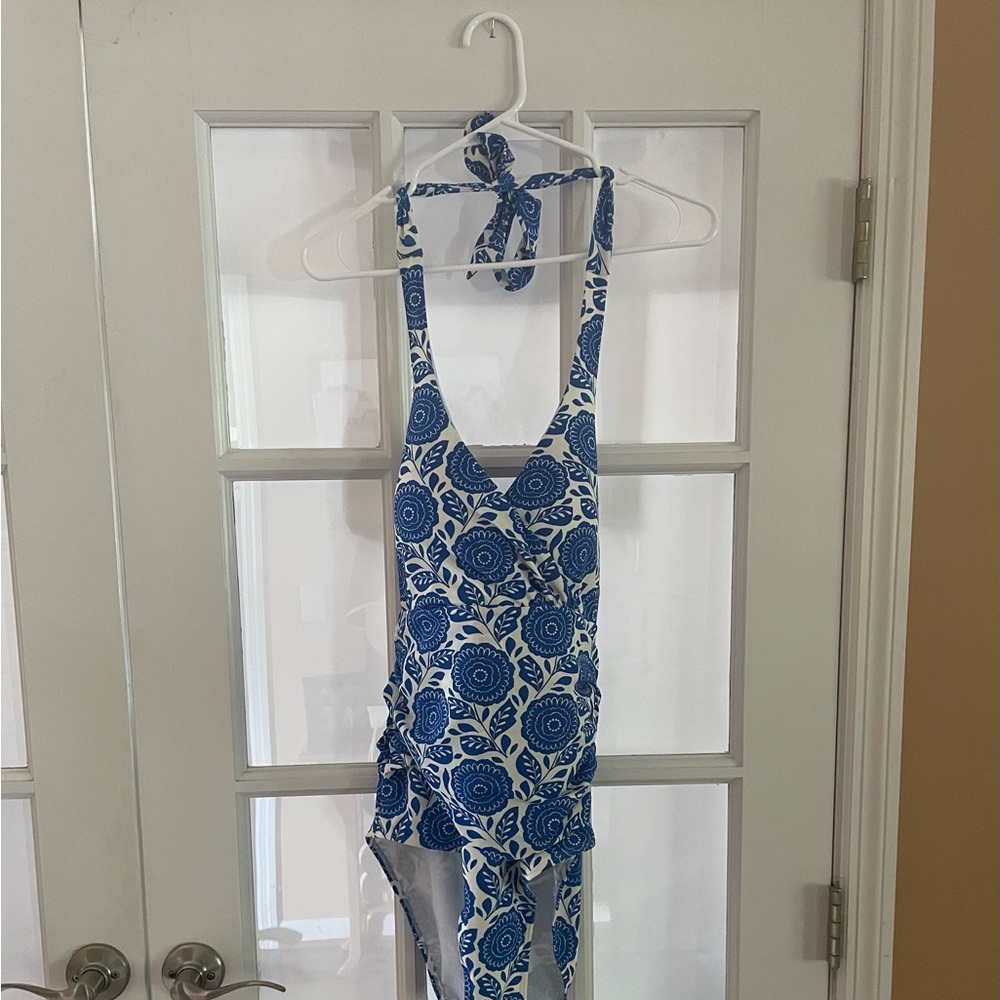 Boden Levanzo Halter Swimsuit in Blue Dahlia Stamp